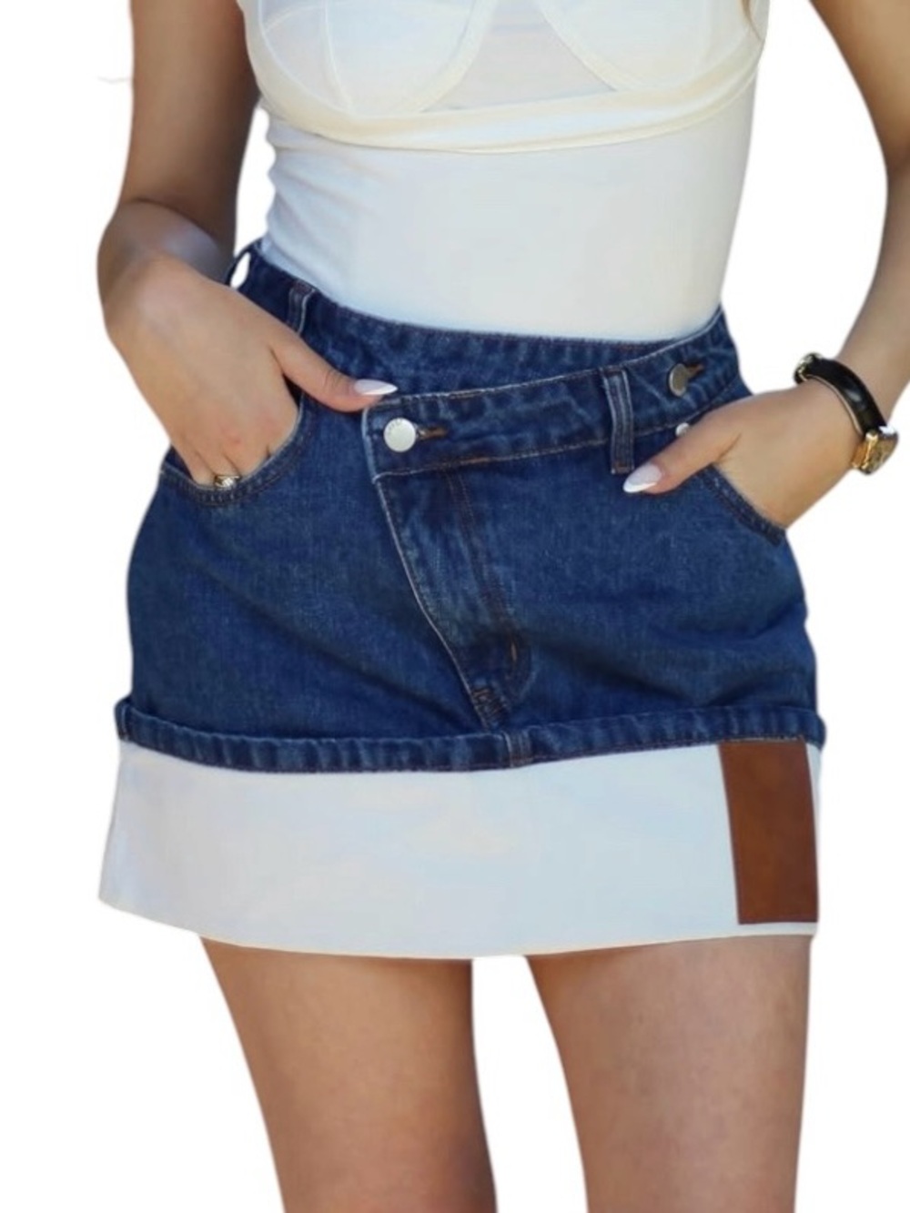 Micas‎ Denim Asymmetrical Zipper Mini Skirt Patchwork Dark Wash Women’s L NWT